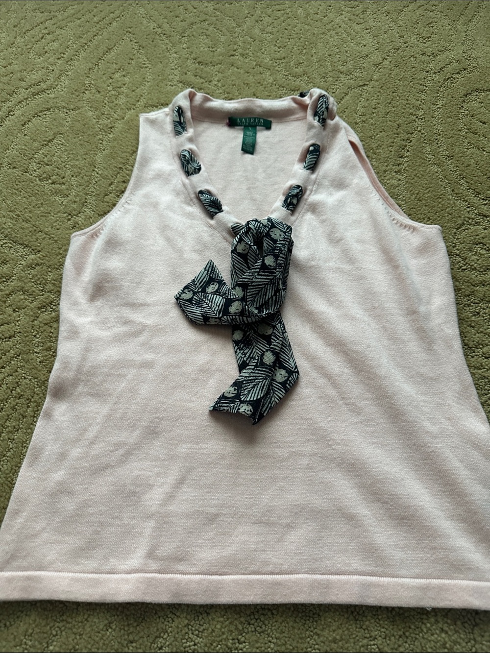 Lauren Ralph Lauren Light Pink Sleeveless Knit Top with Black Patterned Neck Tie